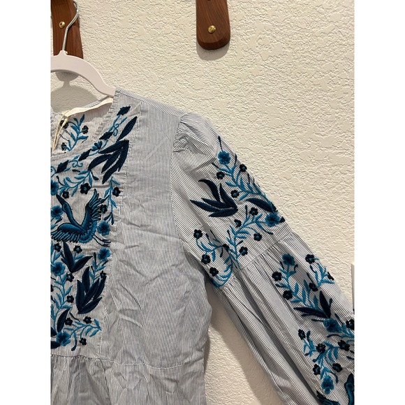 Zara Kaftan Top Womens M Stripe‎ Cotton Boho Gypsy Tassel Embroidered Blue NWT - Picture 16 of 16
